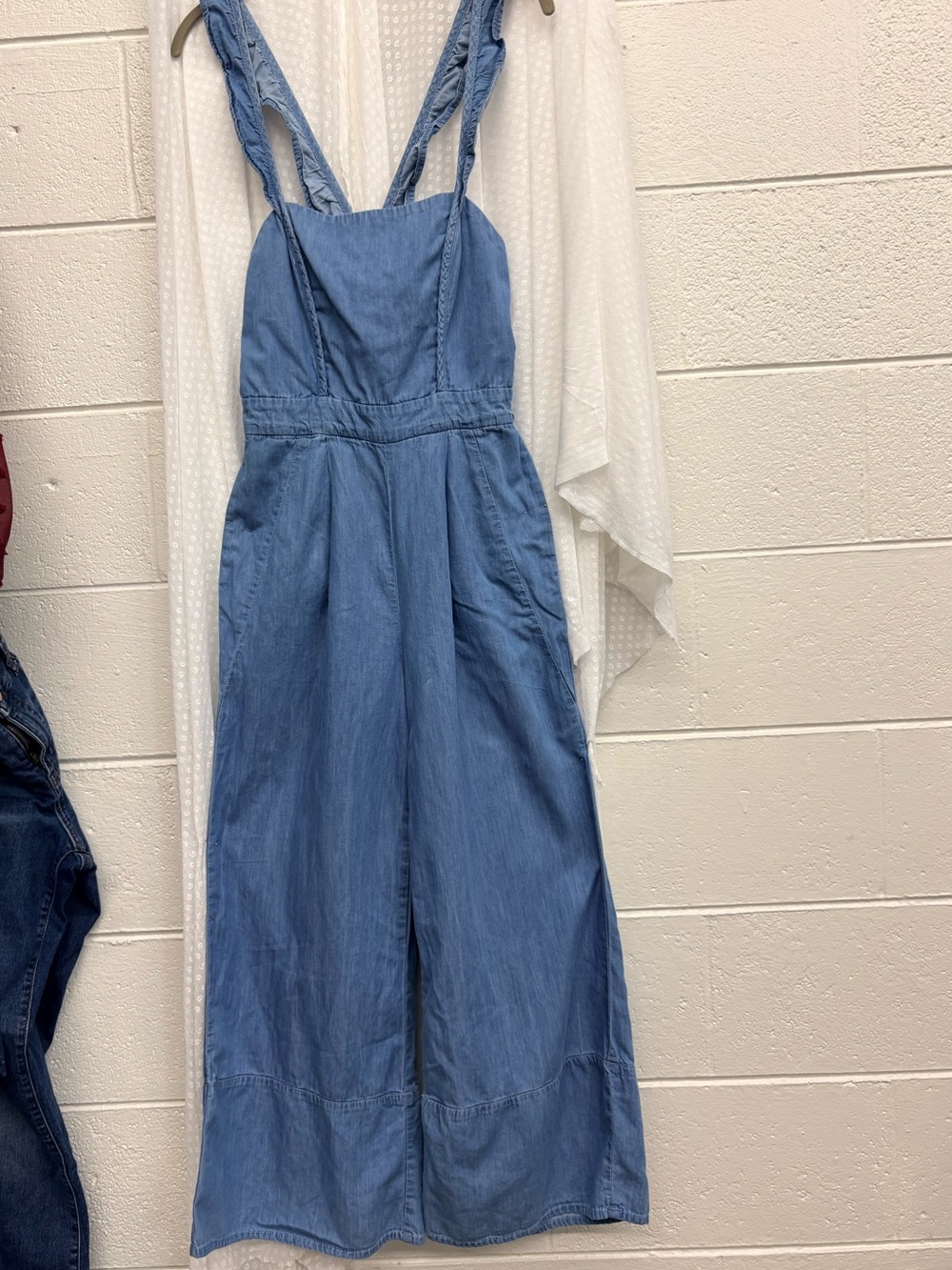 Wide Leg Lagenlook Coastal Chic Chambray Jumpsuit with Ruffle Straps in Blue